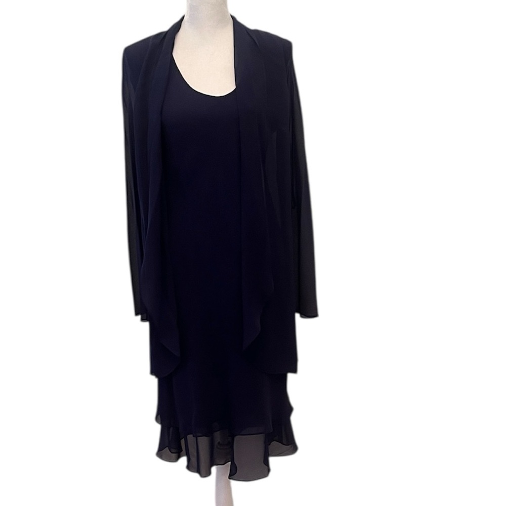 Jones New York navy blue size 6P silk flowy sheer long sleeve ruffled dress EUC